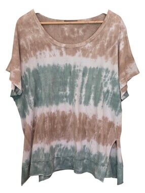 Gyft 100% Cotton Tie-Dye Ruffle & Side Slit Detail T-Shirt Green & Tan Sz L EUC